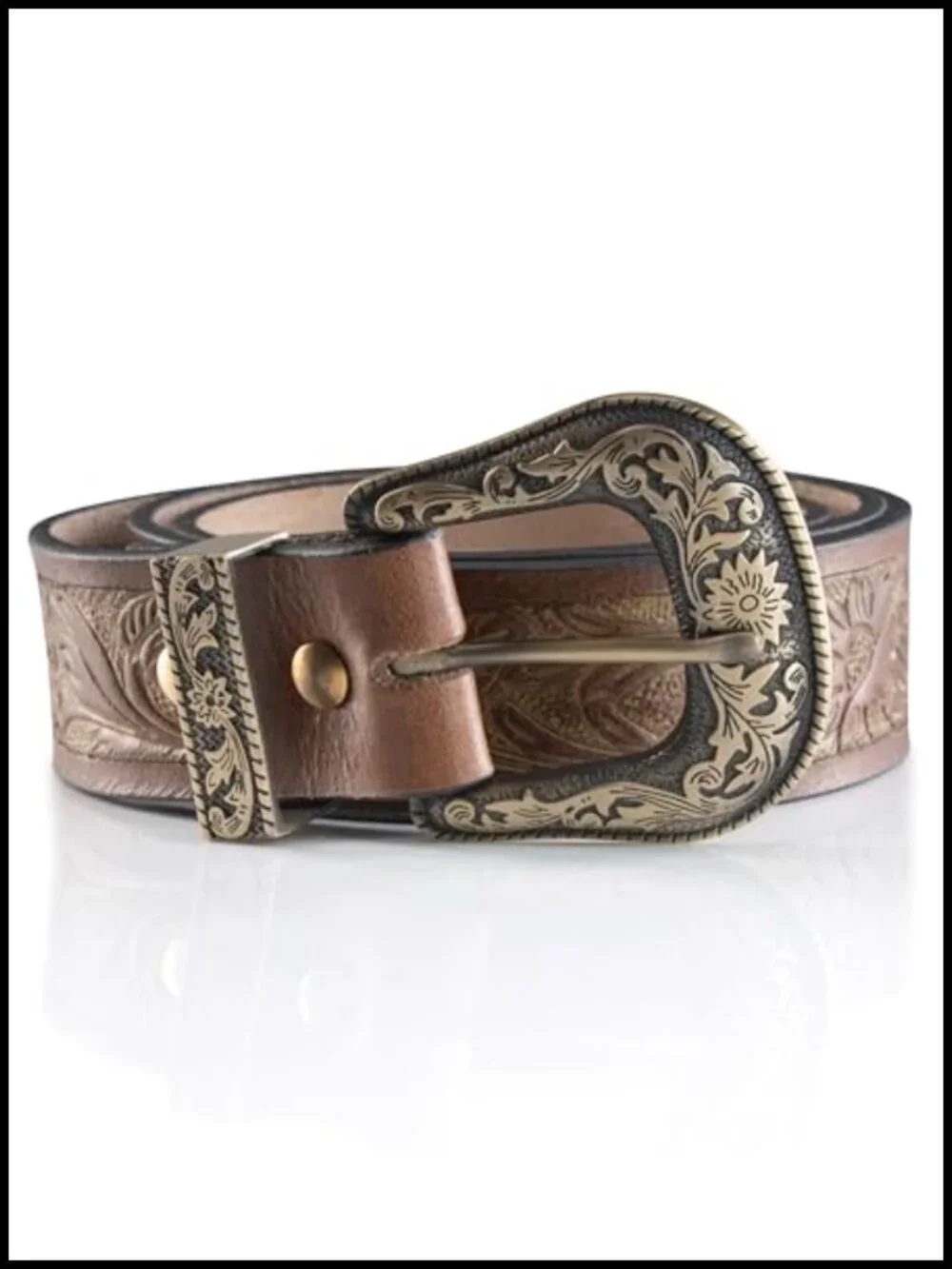Genuine Buffalo Leather Western Belt Hand-Carved Metal Buckle Cowboy Rodeo